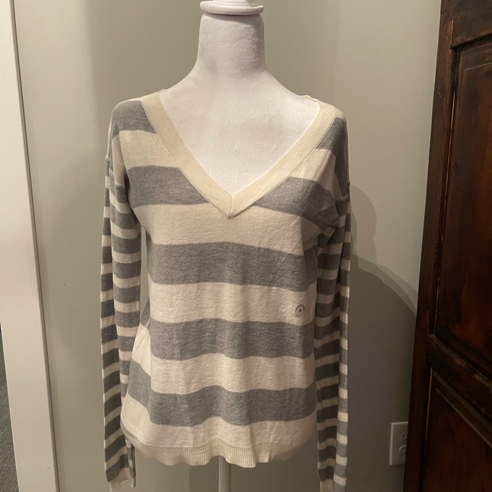 Striped V-Neck Sweater - Gray and Cream